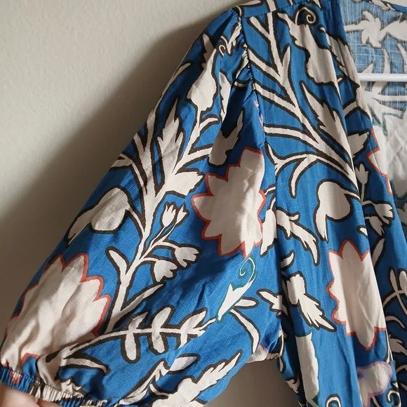 Women’s Knox Rose Blue Floral Puff Sleeve Layered Ruffle Hem Wrap Maxi Dress NWT - Picture 6 of 14